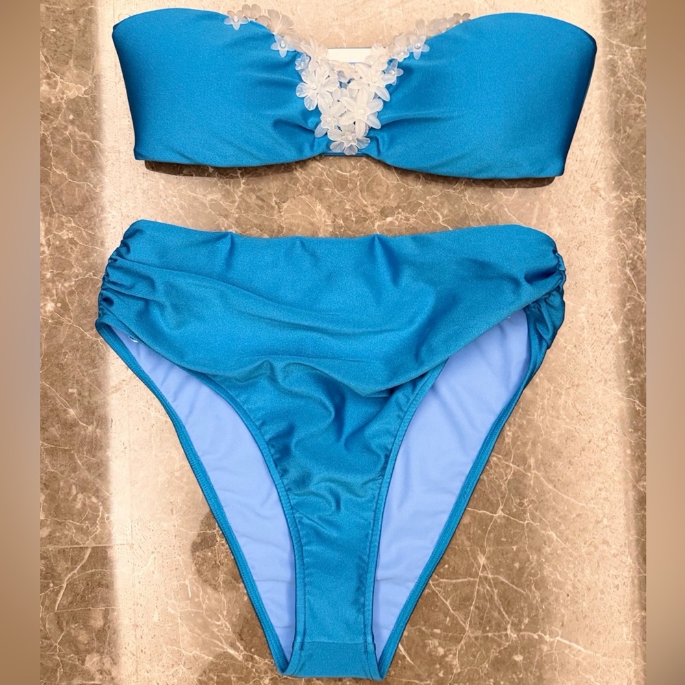 cult gaia Turquoise Bandeau Bikini with White Floral Trim